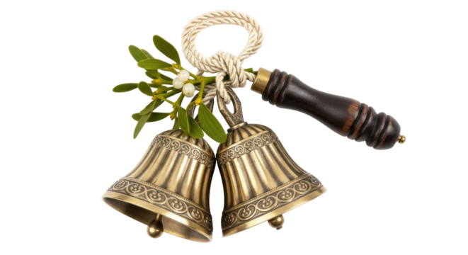 Isolated two antique brass bells with wooden handle and mistletoe tied to the rope loop