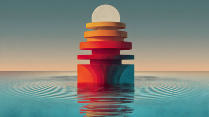 Surreal geometric artwork with layered semicircles and dimensional composition