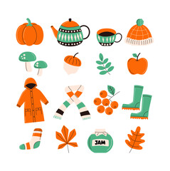 Flat Style Colorful Autumn Elements Illustration Set with Season Detail