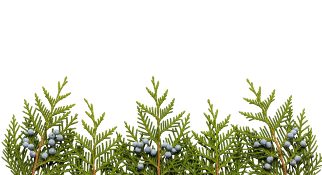 Isolated cedar branch with blue juniper berries, evergreen foliage for seasonal decoration