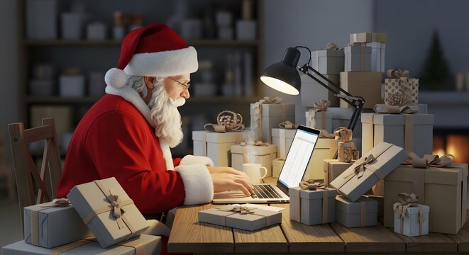 Santa at his desk, working on a laptop amidst piles of beautifully wrapped gifts, focused on the task.