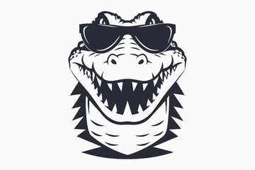 Alligator portrait with sunglasses reveals sharp teeth, making him appear cool and dangerous