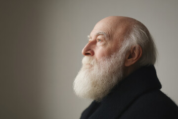 elderly man gazes thoughtfully to side immersed in silence against clean solid background