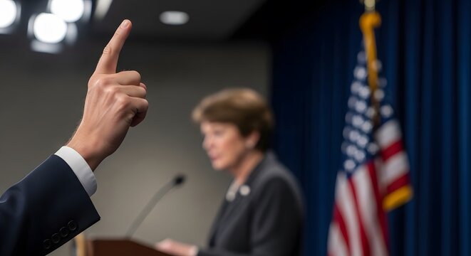 A person raises their hand at a podium during a discussion. An American flag is in the background, blurred. - Powered by Adobe