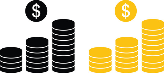 Stacked coin illustration set, financial growth comparison, black and yellow color scheme, dollar symbol, investment concept, money vector graphic, economic visual, no text