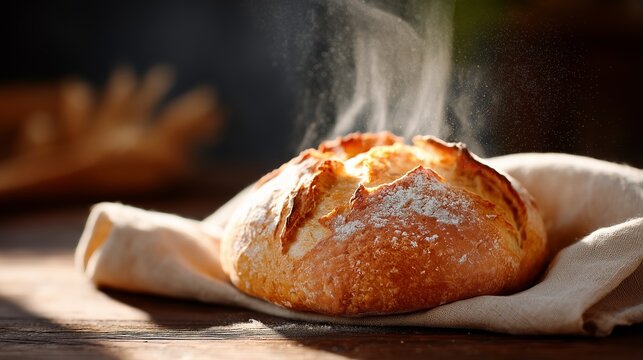 Freshly baked bread resting on linen with steam rising in warm light - Powered by Adobe