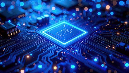 A detailed shot of a computer chip and circuit board, illuminated with blue light and bokeh effects, representing technology and innovation.