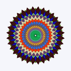 A vibrant colorful circular mandala with repeating geometric patterns