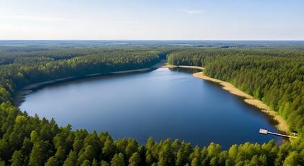 Aerial view of a tranquil lake surrounded by a dense pine forest.