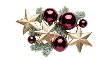 Isolated Decorative Christmas Ornament Arrangement on Holiday evergreen branches