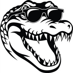 Cartoon alligator head showcases cool style with sunglasses and menacing teeth in black and white