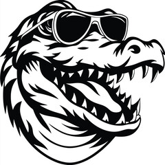 Cartoon gator in black and white features cool sunglasses and menacing open mouth