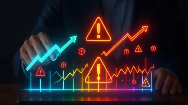 Rising digital graph with neon arrows and warning signs highlighting business growth and risk, showcasing futuristic technology and data analysis for strategic investment and financial insights