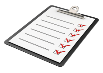 Clipboard with red check marks isolated on a transparent background.