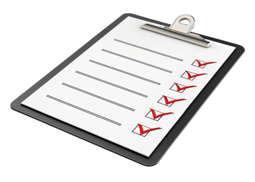 Clipboard with red check marks isolated on a transparent background.