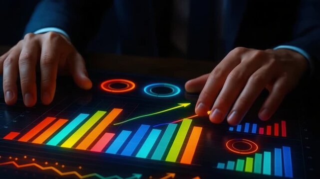 Colorful digital data analysis chart with financial graph and business growth report showcasing vibrant interactive touchscreen technology and futuristic statistics progress visualization