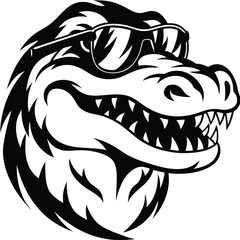 Cool alligator head with sunglasses displays a threatening grin in black and white