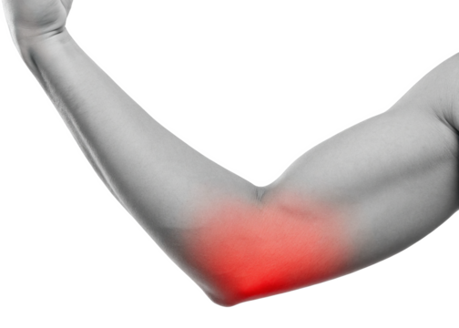 Close-up of human elbow with red pain indicator isolated on a transparent background.