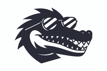 Cool black alligator head showcases stylish striped sunglasses and a toothy smile