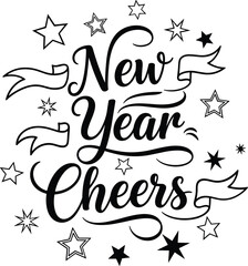 Hand drawn new year cheers with stars and ribbons celebration design