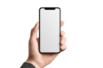 Hand holding a black smartphone with a blank screen