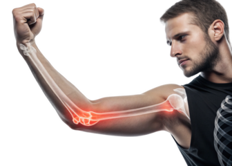 Close-up, realistic image of a human arm with a transparent X-ray effect revealing the bones, specifically focusing on the elbow join isolated on a transparent background.