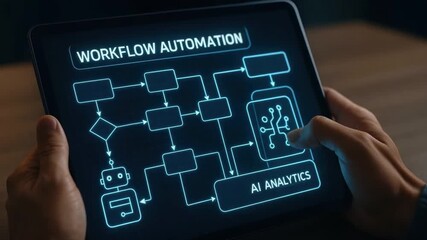 Workflow automation AI analytics digital interface technology on tablet screen illustrating business process optimization with futuristic design and interactive software system integration - Powered by Adobe
