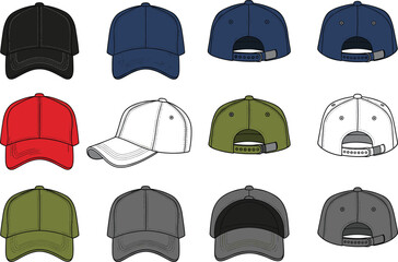 Baseball cap illustration set, front side back views, multiple colors, fashion flat vector, headwear design, casual accessory, sportswear style, no text