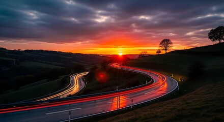 Dramatic sunset over winding road with light trails