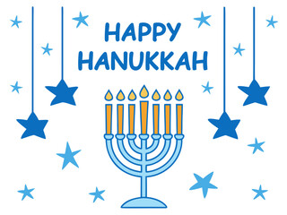 Elegant Happy Hanukkah Illustration with Menorah Star of David and Floral Elements in Blue