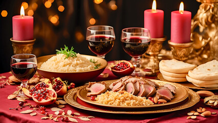 Fototapeta premium A festive gourmet dinner table set with sliced roast meat, rice, pomegranate seeds, red wine glasses, and candles; elegant holiday atmosphere with rich textures and luxurious décor.