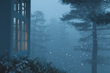 glowing window surrounded by winter forest adorned with virtual snowflakes that sparkle enchantingly