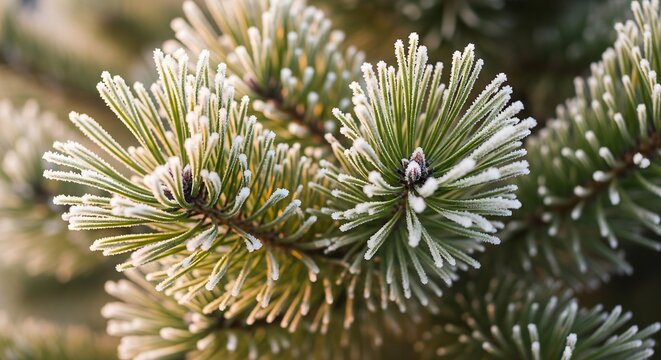 Classic clClassic close up of pine branches with gentle frost and warm natural lightingose up of pine branches with gentle frost and warm natural lighting
