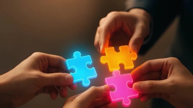 Puzzle piece teamwork collaboration hands connection glowing blue orange pink cooperation colorful puzzle pieces held by multiple hands symbolizing creative unity partnership business concept idea