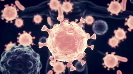 Detailed 3D rendering of multiple microscopic virus particles or bacteria cells floating in a dark biological environment representing a global health threat infection or scientific research concept. - Powered by Adobe