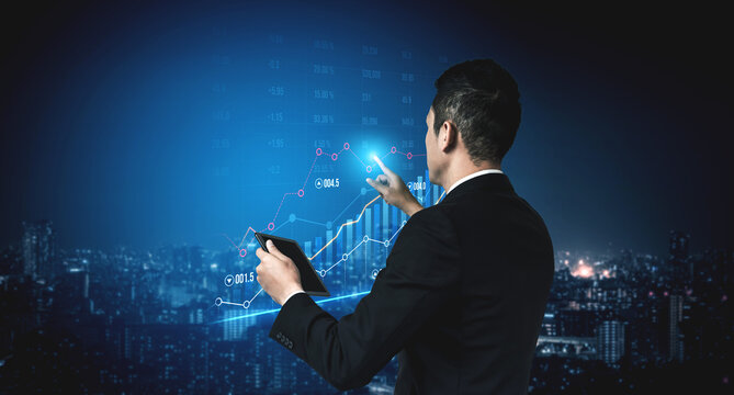 A businessman stands overlooking a vibrant city at night, analyzing financial data through digital graphs and statistics, highlighting trends and growth. Scalp