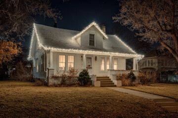 charming american house adorned with ultrabright christmas lights on roof creates cozy holiday atmosphere