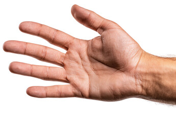 Close-up of a human hand, palm facing outward, fingers spread