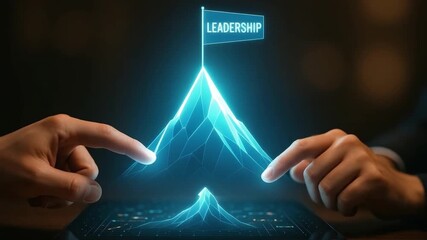Leadership concept showcasing glowing mountain peak and flag with hands pointing digital technology, inspiring business success, achievement, and growth through futuristic innovation and teamwork - Powered by Adobe