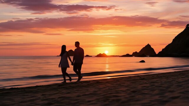 Young couple holding hands while walking on beach at sunset  