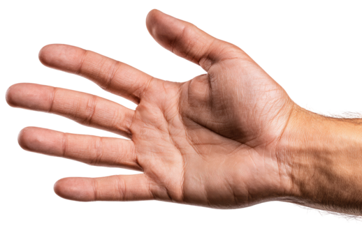 Close-up of a human hand, palm facing outward, fingers spread