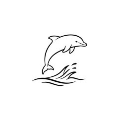 A minimalist black line drawing of a dolphin isolated on transparent background