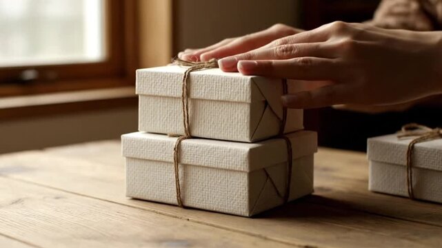 A person's hands carefully arranging two stacked, rustic gift boxes tied with simple twine on a wooden table.