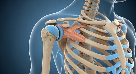 Anatomical illustration of the human shoulder joint and rib cage.