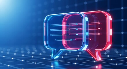 Two glowing speech bubbles in blue and red, symbolizing communication, dialogue, and the exchange of ideas in a modern, digital environment