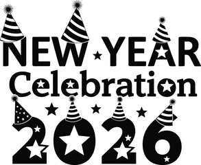 Happy new year 2026 celebration with festive hats and stars