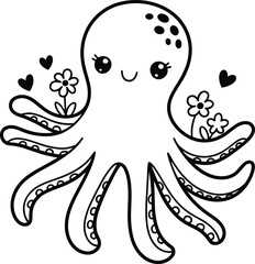 cartoon octopus illustration, black and white drawing, smiling octopus, hearts and flowers, kids art, sea creature, cute marine sketch