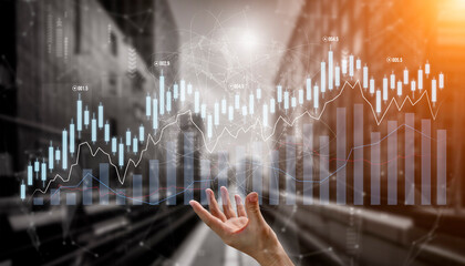 A hand reaches out towards a digital financial graph illustrating growth and data analysis, set against a blurred backdrop of modern business elements. Scalp