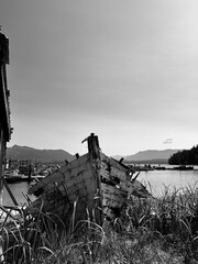 Black and white photo of an old fishing boat on shore surrounded by grass. British Columbia, Canada