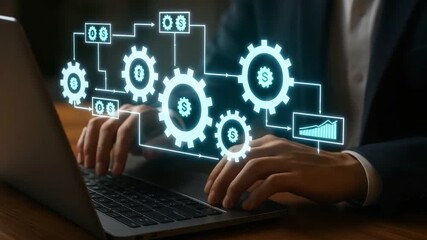Business automation and workflow efficiency with digital financial gears, currency symbols, and technology innovation over laptop keyboard, optimizing business process and automated finance workflow - Powered by Adobe